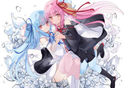 Rule 34 | 2girls, blue hair, blue nails, blush, boots, bright pupils, closed mouth, commentary request, detached sleeves, dot mouth, dot nose, dress, flower, hair ornament, highres, holding hands, kotonoha akane, kotonoha aoi, long hair, looking at viewer, multiple girls, nail polish, neko gnome, pink hair, red eyes, siblings, sidelocks, sisters, thighhighs, voiceroid, white dress, white flower, white pupils, wide sleeves
