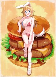 Rule 34 | 1girl, :d, absurdres, alternate hair color, american flag bikini, american flag print, animal ears, bikini, blonde hair, blue eyes, blush, border, breasts, burger, charlotte e. yeager, cleavage, collarbone, feet, flag print, food, full body, highres, hiroshi (hunter-of-kct), large breasts, legs, long hair, looking at viewer, navel, open mouth, oversized food, oversized object, print bikini, rabbit ears, rabbit girl, sandals, side-tie bikini bottom, signature, smile, solo, strike witches, swimsuit, tail, thigh gap, toenails, toes, twitter username, underboob, untied bikini, white background, world witches series, yellow background