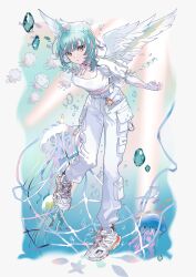 Rule 34 | 1girl, absurdres, air bubble, aqua hair, arm warmers, breasts, bubble, crop top, cropped jacket, double bun, feathered wings, fishing net, full body, grey socks, hair bun, haruno taku, highres, jellyfish, jewelry, leaning forward, light rays, long sleeves, looking at viewer, medium breasts, midriff, original, pants, pendant, pigeon-toed, pocket, puffy short sleeves, puffy sleeves, school of fish, seashell, shell, shirt, short hair, short sleeves, socks, solo, standing, standing on one leg, starfish, underwater, water, white footwear, white pants, white shirt, wings, yellow eyes