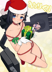 Rule 34 | 10s, 2girls, aoba (kancolle), black hair, blue eyes, blush, box, closed mouth, collarbone, flat chest, from above, full body, gift, gift box, gloves, hair ornament, hairclip, hat, highres, kantai collection, kuroshio (kancolle), looking at viewer, looking up, mini person, minigirl, multiple girls, naked ribbon, parted lips, ribbon, santa hat, short hair, smile, taketora suzume, turret, white gloves