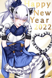 Rule 34 | 1girl, :p, alternate hairstyle, animal ears, bodystocking, bodysuit, bodysuit under clothes, breasts, cowboy shot, melusine (fate), fate/grand order, fate (series), highres, looking at viewer, paw pose, small breasts, smile, solo, tail, tiger ears, tiger tail, tongue, tongue out, watosu, white hair, white tiger print, yellow eyes