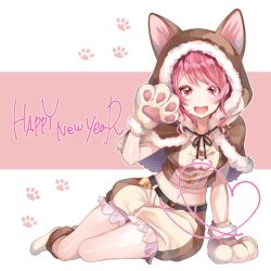 Rule 34 | 1girl, :d, animal hands, animal hood, arm support, bad id, bad twitter id, bang dream!, belt, boots, capelet, chinese zodiac, crossed arms, dog hood, fur-trimmed capelet, fur trim, gloves, hand up, happy new year, heart, hood, hooded capelet, ito22oji, looking at viewer, maruyama aya, midriff, navel, new year, open mouth, paw gloves, paw print, pink eyes, pink hair, pom pom (clothes), shorts, sitting, smile, solo, year of the dog