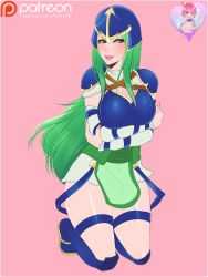 Rule 34 | 1girl, armor, blush, boots, breast hold, breasts, cleavage, fire emblem, fire emblem: path of radiance, fire emblem: radiant dawn, green eyes, green hair, helmet, highres, intelligent systems, law-zilla, nephenee, nephenee (fire emblem), nintendo, simple background, thighs
