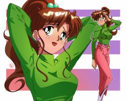 Rule 34 | 1girl, absurdres, arms behind head, arms up, bishoujo senshi sailor moon, breasts, brown hair, commentary, earrings, english commentary, feet out of frame, flower earrings, fritz willie, green eyes, hair bobbles, hair ornament, highres, jewelry, kino makoto, long hair, long skirt, medium breasts, multiple views, ponytail, sidelocks, signature, skirt, striped, striped background, upper body, watch, wristwatch