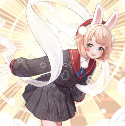 Rule 34 | 1girl, absurdres, animal ears, cowboy shot, dress, green eyes, hagoromo, hat, highres, indie virtual youtuber, jacket, leaning forward, light brown hair, long sleeves, looking at viewer, open mouth, pinkusan, pleated dress, pom pom (clothes), rabbit ears, red hat, sailor collar, shawl, shigure ui (vtuber), shigure ui (vtuber) (1st costume), short hair, skirt, solo, striped clothes, striped jacket, striped skirt, vertical-striped clothes, vertical-striped jacket, vertical-striped skirt, virtual youtuber