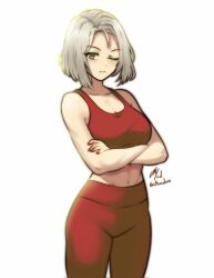 Rule 34 | 1girl, amalda (fire emblem), armpit crease, bare shoulders, breasts, collarbone, crop top, crossed arms, fire emblem, fire emblem: thracia 776, grey hair, highres, leggings, medium breasts, nintendo, one eye closed, red leggings, red sports bra, rotomdocs, shadow, short hair, signature, simple background, sleeveless, solo, sports bra, taut clothes, white background, workout clothes, yellow eyes