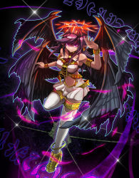 Rule 34 | &gt;:), 1girl, absurdres, angel wings, armlet, armpits, bare shoulders, black wings, bracelet, breasts, darklord ixchel, darklord ixtab, dress, duel monster, earrings, fallen angel, feathered wings, full body, furumeta, glint, halo, head wings, highres, jewelry, large breasts, long hair, looking at viewer, midriff, multiple wings, navel, parted lips, pink eyes, pointy ears, purple hair, runes, short dress, sidelocks, smile, solo, stomach, swept bangs, thighhighs, torn clothes, torn thighhighs, v-shaped eyebrows, white dress, white thighhighs, wings, yu-gi-oh!, zettai ryouiki