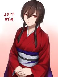 Rule 34 | 1girl, black hair, character request, closed mouth, dated, eyeshadow, hair between eyes, japanese clothes, kageshio (276006), kimono, long sleeves, looking at viewer, makeup, nail polish, obi, red eyes, red nails, sash, sennen sensou aigis, short hair with long locks, sidelocks, smile, solo, upper body, wide sleeves