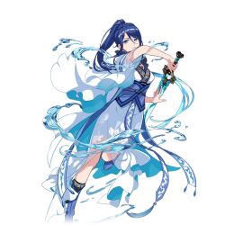 Rule 34 | 1girl, blue eyes, blue hair, chinese clothes, full body, holding, holding sword, holding weapon, honkai (series), honkai impact 3rd, jian (weapon), lier (honkai impact), long hair, official art, ponytail, sword, third-party source, transparent background, water, weapon