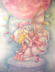 Rule 34 | 2girls, acrylic paint (medium), armband, ascot, bat wings, blonde hair, blue background, blue hair, bobby socks, bow, brooch, crystal, dress, female focus, flandre scarlet, frills, full moon, graphite (medium), grey eyes, hand on another&#039;s chin, hand on another&#039;s face, hat, hat ribbon, highres, imminent kiss, incest, jewelry, kneeling, light purple hair, looking at viewer, mary janes, moon, multiple girls, painting (medium), pedestal, pink dress, red dress, red eyes, red moon, remilia scarlet, ribbon, shirt, shoes, short hair, short sleeves, siblings, sisters, skirt, socks, touhou, traditional media, vest, watercolor (medium), wings, yuri, yuyu (00365676)