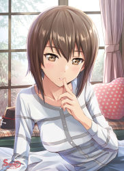 Rule 34 | 10s, 1girl, blush, breasts, brown eyes, brown hair, dated, finger to mouth, girls und panzer, hat, indoors, looking at viewer, nishizumi maho, parted lips, shamakho, short hair, solo, unworn hat, unworn headwear, watermark, window