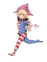 Rule 34 | 1girl, american flag dress, american flag legwear, blonde hair, breasts, clownpiece, covered navel, hat, highres, jester cap, long hair, neck ruff, pantyhose, polka dot, small breasts, smile, solo, soya6479, star (symbol), star print, touhou
