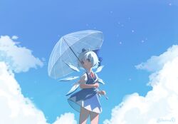 Rule 34 | 1girl, blue dress, blue eyes, blue hair, blue sky, cirno, closed mouth, cloud, commentary, detached wings, dress, highres, holding, holding umbrella, ice, ice wings, lbcirno9, looking at viewer, short sleeves, sky, solo, touhou, transparent, transparent umbrella, twitter username, umbrella, wings