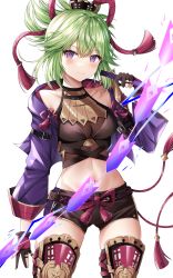 Rule 34 | 1girl, absurdres, armor, blush, breasts, cleavage, closed mouth, cowboy shot, crop top, cropped jacket, dagger, electricity, genshin impact, gloves, green hair, hair ornament, highres, holding, holding dagger, holding knife, holding weapon, jacket, knife, kuki shinobu, leg armor, looking at viewer, medium breasts, midriff, navel, partially fingerless gloves, purple eyes, purple jacket, rope, sachiko nya, shimenawa, short ponytail, short shorts, shorts, shoulder armor, simple background, smile, solo, stomach, tassel, thighhighs, thighs, weapon, white background