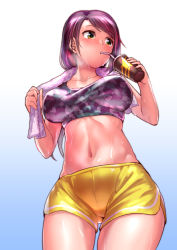 Rule 34 | 10s, 1girl, blue background, breasts, camouflage, collarbone, cowboy shot, crop top, cup, drinking, drinking straw, eyebrows, from below, gradient background, groin, holding, holding cup, idolmaster, idolmaster cinderella girls, large breasts, legs apart, looking away, midriff, misao (kami no misoshiru), mouth hold, navel, purple hair, shorts, solo, star (symbol), star print, stomach, swept bangs, tank top, toned, towel, towel around neck, yamato aki, yellow eyes, yellow shorts