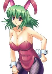 Rule 34 | 1girl, animal ears, bow, bowtie, breasts, rabbit ears, rabbit tail, cleavage, easily, female focus, fishnet pantyhose, fishnets, green eyes, highres, kazami yuuka, large breasts, leotard, pantyhose, playboy bunny, purple eyes, red leotard, short hair, smile, solo, tail, touhou