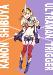 Rule 34 | 1girl, belt, boots, breasts, buckle, character name, color timer, commentary, cosplay, crossover, english text, garter straps, headphones, highres, jacket, long sleeves, looking at viewer, love live!, love live! superstar!!, medium hair, midriff, navel, orange hair, purple eyes, purple footwear, red thighhighs, sasanon (sasapoliton), shibuya kanon, short shorts, shorts, small breasts, solo, thighhighs, ultraman trigger, ultraman trigger (cosplay), ultraman trigger (series)