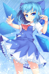 Rule 34 | 1girl, ascot, blue bow, blue eyes, blue hair, blue skirt, blue vest, blush, bow, cirno, collared shirt, commentary request, cowboy shot, frilled skirt, frills, glint, grin, hair bow, highres, ice, ice wings, looking at viewer, petticoat, red ascot, shirt, short sleeves, skirt, smile, solo, standing, touhou, uumaru, v-shaped eyebrows, vest, white shirt, wings
