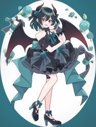 1girl :d absurdres alternate_costume bat_wings black_dress black_footwear black_hair black_horns black_wings bob_cut clenched_hand collarbone commentary demon_girl demon_horns demon_tail demon_wings dress flower full_body gradient_wings green_flower hair_between_eyes hair_flower hair_ornament high_heels highres horns kam_tuki love_live! love_live!_nijigasaki_high_school_idol_club mifune_shioriko multicolored_wings off-shoulder_dress off_shoulder open_mouth puffy_short_sleeves puffy_sleeves red_eyes red_horns red_wings shoes short_hair short_sleeves smile solo stiletto_heels swept_bangs tail white_background wings