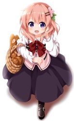 Rule 34 | 1girl, :d, black footwear, black legwear, black skirt, blush, bow, bowtie, bread, buttons, carrying, collared shirt, commentary request, flat chest, food, from above, gochuumon wa usagi desu ka?, hair ornament, hairclip, hand on own cheek, hand on own face, highres, hoto cocoa, long hair, long sleeves, looking at viewer, open mouth, orange hair, pink vest, purple eyes, rabbit house uniform, red bow, red bowtie, ruu (tksymkw), shadow, shirt, shoes, shopping basket, skirt, smile, solo, vest, walking, white background, white shirt, wing collar