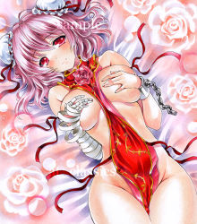 Rule 34 | 1girl, at classics, bandages, blush, breasts squeezed together, breasts, bun cover, chain, covering privates, covering breasts, cuffs, double bun, false arm, false limb, flower, hair bun, ibaraki kasen, large breasts, looking at viewer, lying, marker (medium), naked tabard, on back, pink eyes, pink hair, pink rose, rose, sample watermark, shackles, solo, tabard, touhou, traditional media, watermark