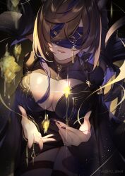 Rule 34 | 1girl, animal ears, black dress, black thighhighs, blindfold, blue blindfold, blue hair, breasts, brown hair, cleavage, cleavage cutout, clothing cutout, dark background, dress, extra ears, galleon (granblue fantasy), galleon (life&#039;s compassionate observer) (granblue fantasy), granblue fantasy, highres, horns, kogome (azalea4), looking at viewer, medium breasts, multicolored hair, nail polish, pointy ears, purple nails, solo, streaked hair, thighhighs