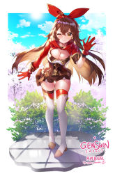 Rule 34 | 1girl, amber (genshin impact), apple caramel, boots, breasts, brown hair, brown shorts, cleavage, day, genshin impact, gloves, gold trim, hair ribbon, hand up, has bad revision, highres, large breasts, long hair, long sleeves, looking at viewer, one eye closed, orange eyes, pouch, red gloves, red thighhighs, ribbon, shirt, short shorts, shorts, shrug (clothing), smile, solo, standing, sunlight, thigh boots, thighhighs, thighs, underbust, white footwear