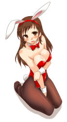 Rule 34 | 10s, 1girl, animal ears, bare shoulders, bow, bowtie, breast hold, breasts, brown eyes, brown hair, cleavage, detached collar, fake animal ears, female focus, gokubuto mayuge, idolmaster, idolmaster cinderella girls, kneeling, leotard, long hair, looking at viewer, medium breasts, nitta minami, no shoes, open mouth, orange eyes, pantyhose, playboy bunny, rabbit ears, rabbit tail, shy, simple background, sitting, solo, tail, white background, wrist cuffs