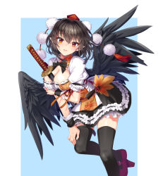 Rule 34 | 1girl, bad id, bad nicoseiga id, between breasts, black hair, black skirt, black thighhighs, black wings, blue background, breasts, cibo (killy), cleavage, feathered wings, geta, hat, large breasts, looking at viewer, miniskirt, pointy ears, puffy short sleeves, puffy sleeves, purple footwear, red eyes, ribbon-trimmed skirt, ribbon trim, shameimaru aya, sheath, sheathed, shoes, short hair, short sleeves, skirt, solo, sword, thighhighs, tokin hat, touhou, weapon, white background, wings