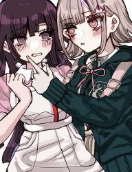 Rule 34 | 2girls, apron, ba7mochi, blush, brown hair, collared shirt, danganronpa (series), danganronpa 2: goodbye despair, eye contact, green jacket, highres, jacket, looking at another, medium hair, miniskirt, multiple girls, nanami chiaki, neck ribbon, open clothes, open jacket, pink ribbon, pink shirt, pleated skirt, puffy short sleeves, puffy sleeves, ribbon, shirt, short sleeves, skirt, smile, spaceship hair ornament, tears, teeth, tsumiki mikan, white apron, white shirt