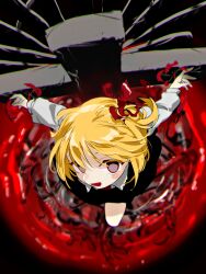 Rule 34 | 1girl, black background, black skirt, black vest, blonde hair, blush, bone, chamaruk, collared shirt, cross, from above, hair ribbon, highres, long sleeves, open mouth, outstretched arms, red eyes, red ribbon, ribbon, rumia, shirt, short hair, simple background, skirt, skull, smile, solo, spread arms, touhou, vest, white shirt