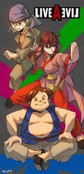 Rule 34 | 1girl, 2boys, braid, breasts, brown hair, chinese clothes, clenched hands, closed eyes, commentary request, copyright name, fighting stance, full body, highres, hong hakka, indian style, lei kuugo, live a live, long hair, looking at viewer, medium breasts, multiple boys, nanpou (nanpou0021), scar, scar on face, sitting, sleeveless, smile, yun jou