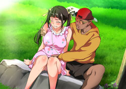 Rule 34 | 1girl, black hair, blush, breasts, clenched teeth, dress, embarrassed, frilled dress, frills, grass, hat, highres, knees together feet apart, large breasts, legs, long hair, open mouth, original, outdoors, rock, seichi junrei ntr ~paripi to otacir no kanojo~, sitting, sleeveless, sunglasses, taira issui, teeth, thighs, twintails