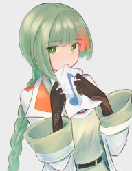 Rule 34 | 1girl, biting, braid, chis-a, gloves, green eyes, green hair, holding, holding paper, jacket, long hair, long sleeves, misho39, multicolored hair, musical note, orange hair, paper, solo, voisona