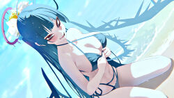 Rule 34 | 1girl, artist request, beach, bikini, black bikini, black footwear, black hair, black wings, blue archive, blue sky, blush, breasts, cleavage, cloud, criss-cross halter, dark halo, day, fang, flower, game cg, hair flower, hair ornament, hair scrunchie, halo, halterneck, highres, large breasts, long hair, long legs, looking at viewer, low wings, navel, non-web source, ocean, official alternate costume, official art, outdoors, ponytail, red eyes, red halo, sandals, scrunchie, sideboob, sitting, sky, solo, stomach, swimsuit, tsurugi (blue archive), tsurugi (swimsuit) (blue archive), underboob, wariza, water, wet, wings