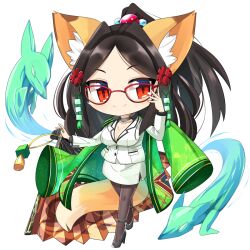 Rule 34 | 1girl, animal ears, black footwear, black hair, bob cut, breasts, brown pantyhose, buttons, character request, chibi, cleavage, closed mouth, commentary request, cube hair ornament, floral print kimono, flower, folding fan, fox, fox ears, fox girl, fox tail, full body, ghost, glasses, green jacket, hair flower, hair ornament, hand fan, haori, high heels, high ponytail, holding, holding fan, hop step jumpers, jacket, japanese clothes, large breasts, lets0020, long hair, looking at viewer, pantyhose, red-framed eyewear, red eyes, red flower, shirt, simple background, skirt, smile, solo, tail, transparent background, white shirt, white skirt