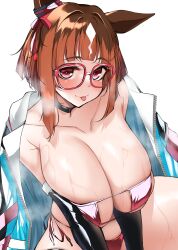 Rule 34 | 1girl, :p, absurdres, animal ears, breasts, brown hair, commentary request, commission, glasses, highres, horse ears, horse girl, huge breasts, kshimu, looking at viewer, red-framed eyewear, skeb commission, solo, sweat, swimsuit, tongue, tongue out, transcend (umamusume), umamusume