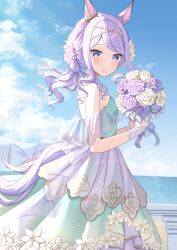 Rule 34 | 1girl, animal ears, blush, bouquet, closed mouth, day, dress, flower, green dress, highres, holding, holding bouquet, horse ears, horse girl, horse tail, kurumi lm, light purple hair, long hair, looking at viewer, mejiro mcqueen (heart exposed to the night breeze) (umamusume), mejiro mcqueen (umamusume), official alternate costume, official alternate hairstyle, outdoors, purple eyes, purple flower, smile, solo, tail, umamusume, white flower