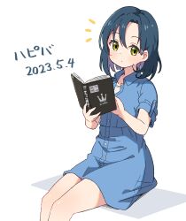 Rule 34 | 1girl, bare arms, blue dress, blue hair, book, breasts, buttons, closed mouth, collarbone, commentary request, crown, dated, dress, gochuumon wa usagi desu ka?, happy birthday, highres, holding, holding book, light blush, looking at viewer, mate rin, mohei, notice lines, reading, shirt, short hair, short sleeves, simple background, sitting, small breasts, solo, white background, white shirt, yellow eyes