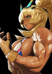 Rule 34 | 1girl, barghest (fate), biceps, bikini, black background, blonde hair, breasts, cessa, dark skin, fate (series), fingerless gloves, frown, gloves, green eyes, high ponytail, large breasts, looking to the side, muscular, muscular female, solo, sweat, swimsuit, veins, veiny arms
