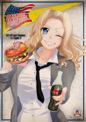 Rule 34 | 10s, 1girl, 2016, ;d, american flag, bad id, bad pixiv id, blonde hair, blue eyes, blush, breasts, burger, coca-cola, dated, english text, food, girls und panzer, glass bottle, highres, ibara azuki, kay (girls und panzer), keiazu, large breasts, lettuce, nail polish, necktie, one eye closed, open mouth, pickle, smile, solo, teeth, tomato, united states, wink