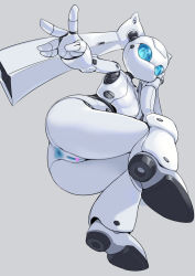 Rule 34 | 1girl, android, anus, ass, blue anus, blue eyes, blue hair, blue pussy, breasts, censored, cleft of venus, colored pussy, colored skin, drossel von flugel, fireball (series), from below, grey background, head rest, heart, heart censor, highres, humanoid robot, invisible chair, looking at viewer, no mouth, pochincoff, pussy, robot, sitting, small breasts, solo, twintails, white hair, white skin
