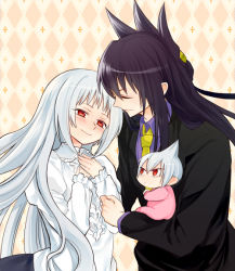 Rule 34 | 1girl, 2boys, baby, black hair, carrying, child carry, couple, family, father and son, formal, herorororon, hetero, husband and wife, imminent kiss, iron maiden jeanne, long hair, mother and son, multiple boys, red eyes, shaman king, silver hair, suit, tao men, tao ren