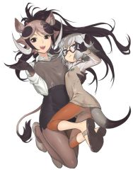 Rule 34 | 2girls, adjusting eyewear, animal ears, arm around back, arm up, blouse, brown eyes, brown hair, capri pants, closed mouth, collared shirt, floating hair, full body, glasses, gloves, hair ornament, hand up, height difference, high-waist skirt, highres, japari symbol, kemono friends, leggings, light brown hair, long hair, long sleeves, looking at viewer, midair, multicolored hair, multiple girls, okojo ojoko, open mouth, original, pants, pantyhose, pencil skirt, personification, pumbaa, sandals, shirt, shoes, simple background, skirt, smile, sweater vest, swept bangs, tail, teeth, the lion king, timon (lion king), twisted torso, upper teeth only, very long hair, white background, white hair, white shirt, wing collar