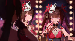 Rule 34 | 1girl, absurdres, bell, black choker, black gloves, blurry, blurry foreground, blush, bow, brown hair, choker, closed mouth, commentary, depth of field, dress, dressing room, english commentary, fox mask, gloves, hair bow, highres, honkai: star rail, honkai (series), iinagi (kashiwa keira), indoors, long hair, looking at mirror, looking at viewer, mask, mask on head, mirror, nail polish, neck bell, pink eyes, red bow, red dress, red nails, reflection, sidelocks, single glove, sleeveless, sleeveless dress, smile, sparkle (honkai: star rail), straight-on, twintails, upper body