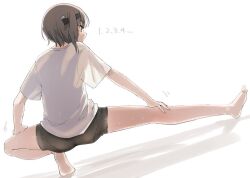 Rule 34 | 1girl, barefoot, black shorts, brown eyes, brown hair, from behind, headband, headgear, kantai collection, one-hour drawing challenge, shirt, short hair, shorts, simple background, solo, stretching, t-shirt, taihou (kancolle), white background, white shirt, yamashichi (mtseven)