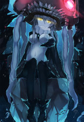 Rule 34 | 10s, 1girl, abyssal ship, bad id, bad pixiv id, bai kongque, bodysuit, breasts, cape, gloves, glowing, hat, kantai collection, long hair, looking at viewer, pale skin, personification, silver hair, solo, wo-class aircraft carrier, yellow eyes