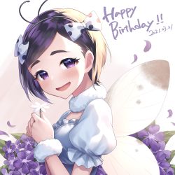 Rule 34 | :d, alternate hair color, asymmetrical bangs, blonde hair, blush, bow, butterfly wings, choker, dated, flower, frilled shirt, frills, fur-trimmed choker, fur trim, gradient hair, hair bow, hairband, happy birthday, highres, holding, holding flower, idolmaster, idolmaster cinderella girls, insect wings, koushi rokushiro, looking at viewer, looking to the side, matsuo chizuru, multicolored hair, open mouth, petals, puffy short sleeves, puffy sleeves, purple eyes, purple hair, shirt, short hair, short sleeves, simple background, smile, thick eyebrows, wings