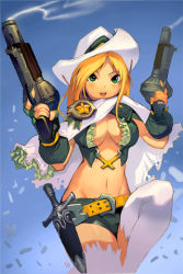 Rule 34 | 1girl, belt, blonde hair, blush, breasts, cleavage, cloak, cowboy hat, dagger, fingerless gloves, gauntlets, gloves, green eyes, gun, hat, holster, knife, large breasts, long hair, lowres, midriff, navel, open clothes, open mouth, short shorts, shorts, smoke, smoking barrel, solo, sword girls, thighhighs, weapon