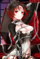 Rule 34 | 1girl, ahoge, arm up, bat (animal), bdsm, bondage, bound, breasts, brooch, chain, coffin, expressionless, jewelry, large breasts, lowres, midriff, navel, night, parted bangs, red eyes, red hair, reum, short hair, solo, star (symbol), sword girls, window